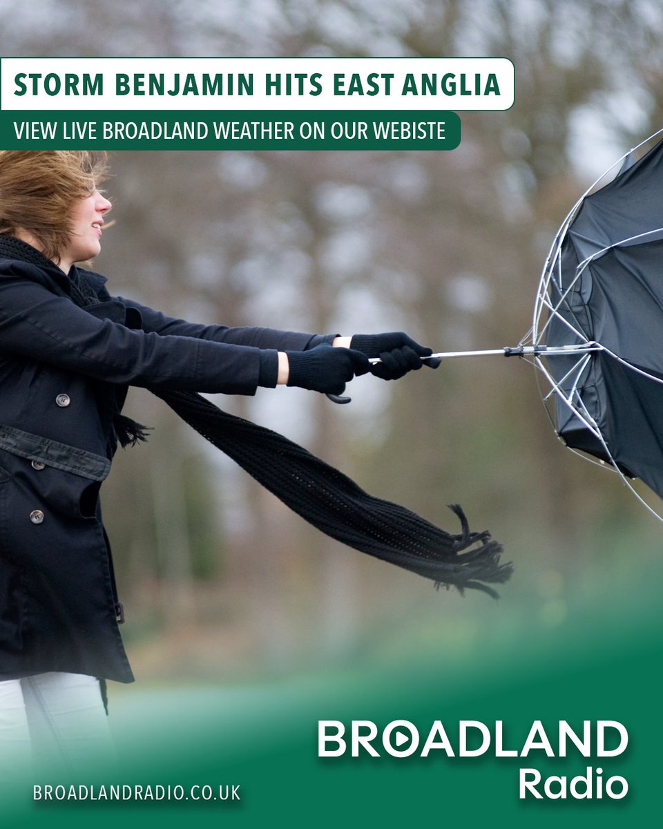 Storm Benjamin arrives in East Anglia bit.ly/479gQVW
Let us know of anything affecting your area and we will let everyone know on Broadland
#BroadlandRadio #StormBenjamin #NorfolkWeather #SuffolkWeather #LocalRadio