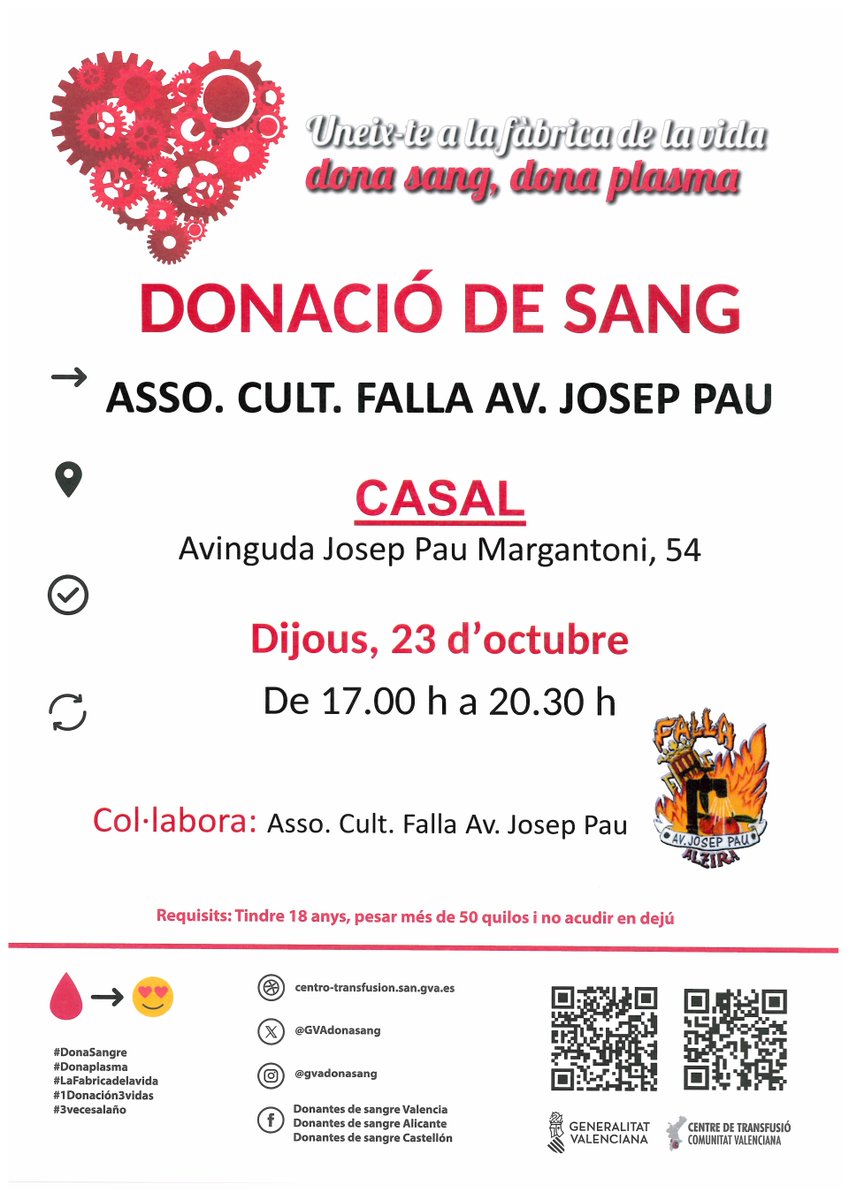 Donació de sang a #Alzira
📆dijous #23octubre
3 persones podran millorar la seua salut, gràcies a la teua generositat.

#DonaSang #DonaPlasma.
Uneix-te a la Fàbrica de la vida❤