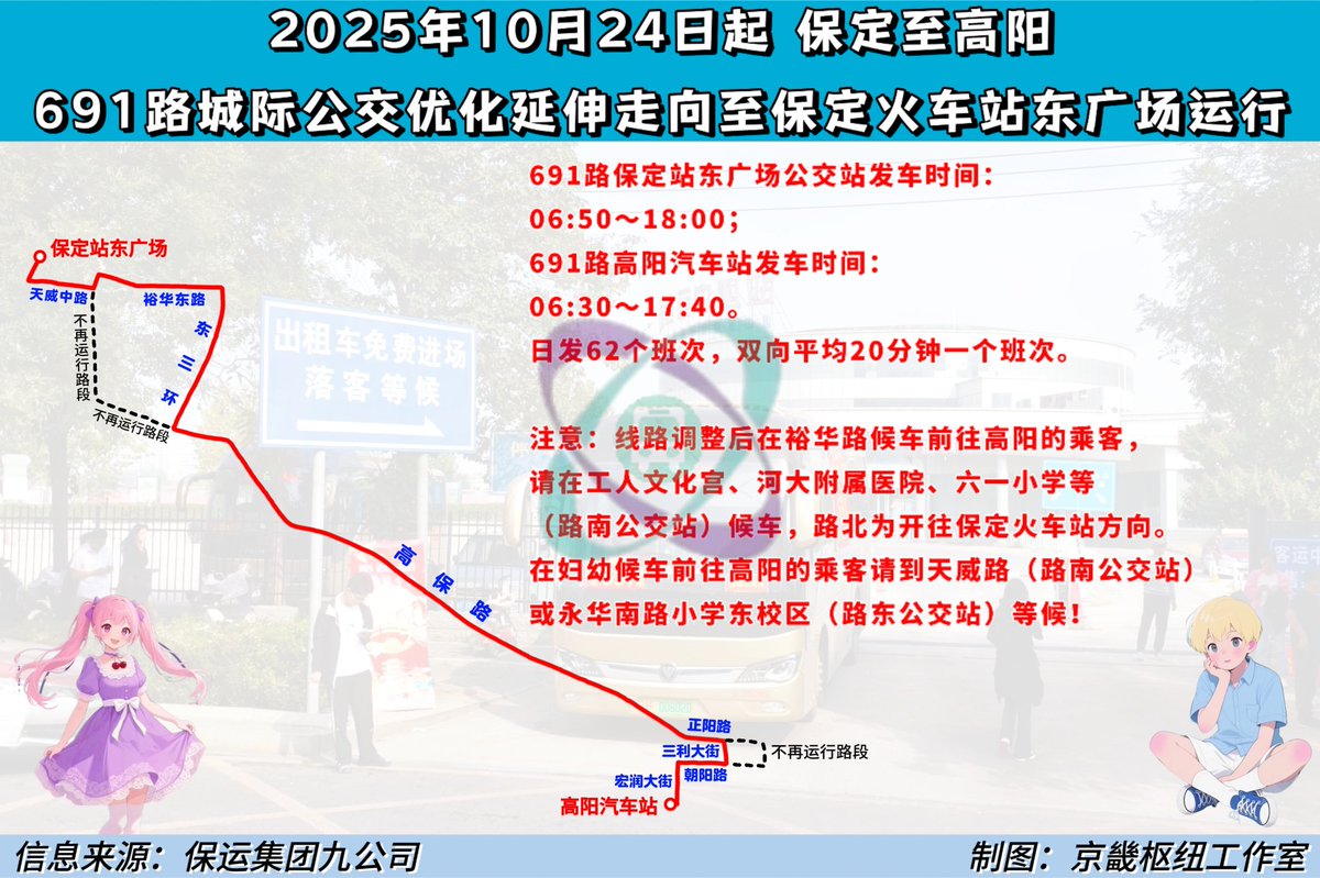 HBBDjjjt's tweet image. Baoding to Gaoyang 691 Intercity Bus Line of Baoyun Group will be extended to the East Square of Baoding Railway Station!
#hebei #baoding #bus #record #information