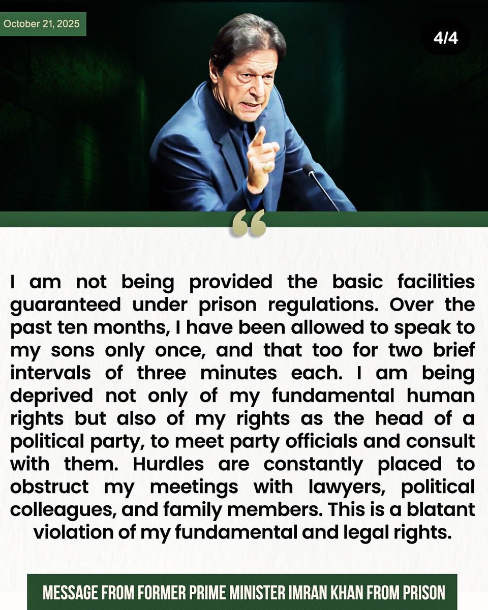 agentjay2009's tweet image. [Urgent Attention Needed regarding Former PM of Pakistan, @ImranKhanPTI]

“I am not being provided the basic facilities guaranteed under prison regulations. I am being deprived not only of my fundamental human rights but also of my rights as the head of a political party” 

cc…