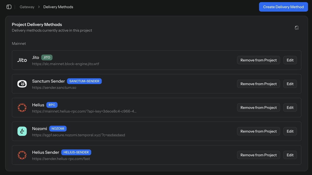Add RPC Methods, Jito, Helius Sender, Sanctum Sender, Nozomi and compare for yourself which one works best for your project! Only possible with Gateway.