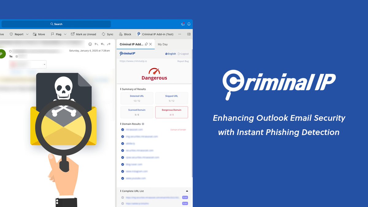 CriminalIP_US's tweet image. 🔎Criminal IP #Malicious Link Detector​

This is a free security add-in for Outlook that automatically analyzes every URL in emails and instantly shows the domain’s risk level and abuse history.​
​
🛡️ Automatic #Phishing &amp;amp; Malicious Link Detection​
📊 Domain-Based Risk Scoring