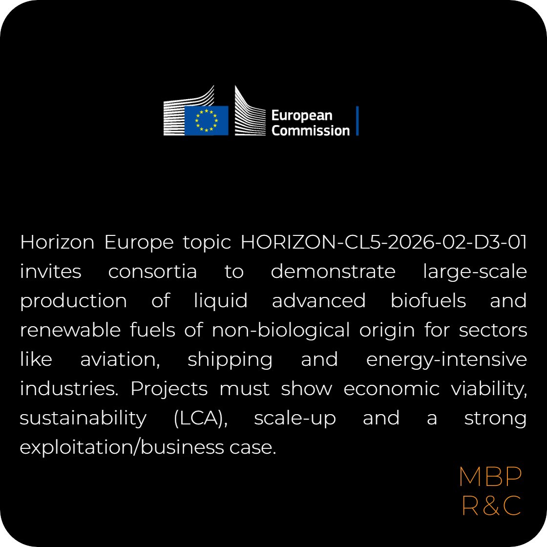 📢Tech providers, fuel suppliers &amp; consortia—apply now to #HorizonEurope #Cluster5 Call to de-risk  production of liquid biofuels &amp; renewable fuels of non-biological origin
📅17 Feb 2026
🔗 rxn.mbp-rnc.com/25aeo?utm_sour…
🏷️Know a team that should apply? Tag them below
#CallForProposals