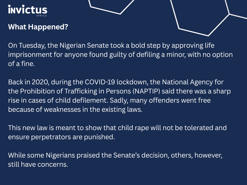 InvictusAfrica's tweet photo. “I hereby move that henceforth any man or woman who is guilty of defiling a minor should be sentenced to life imprisonment,” the Senate President, Godswill Akpabio, declared on Tuesday. 🧑‍⚖️

But from enforcing the law to clearly defining the age of consent, many Nigerians have raised concerns.

What are your thoughts?

#EndGBV #saynotorape #JusticeForChildren