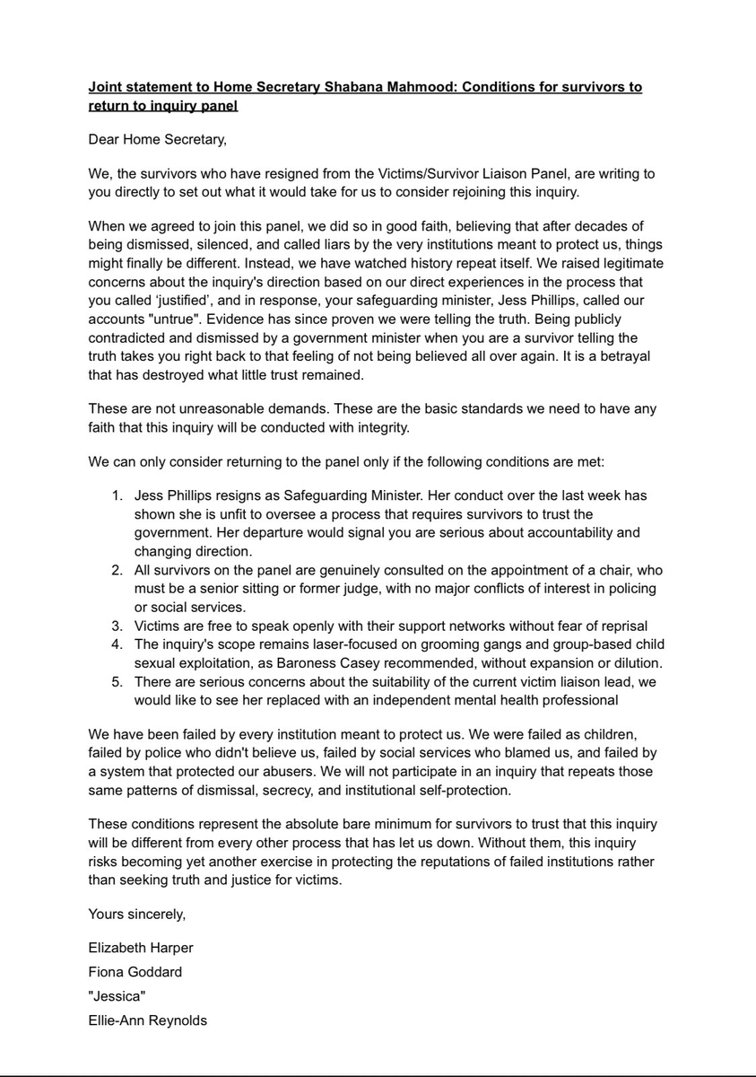 DaveAtherton20's tweet image. The four ladies who have quit the National Inquiry into grooming gangs have written an open letter to @ShabanaMahmood, including Liz Harper @snatched1400, @fionagoddarduk, "Jessica" & @EllieAnnRe71927, saying they will return if:
1. Jess Phillips is fired
2. Survivors are…