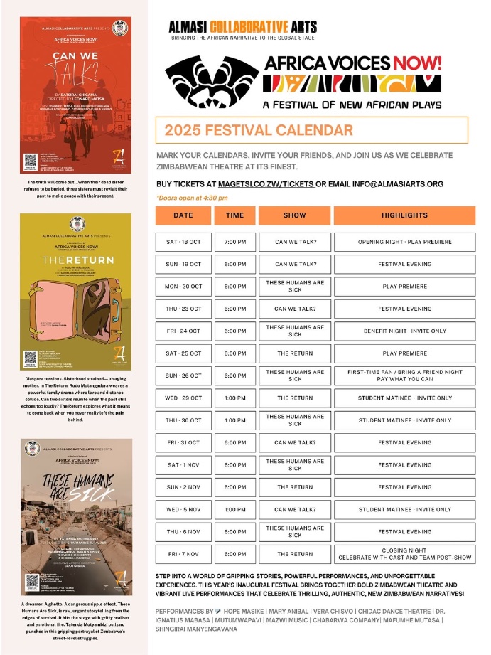 Here is the full Africa Voices Now Festival calendar - a showcase of original African plays by Danai Gurira's Almasi Arts! 

There are 12 more shows to go before the festival ends and it's only $5 a ticket!

Buy yours now via magetsi.co.zw

#AfricaVoicesNow #AlmasiArts