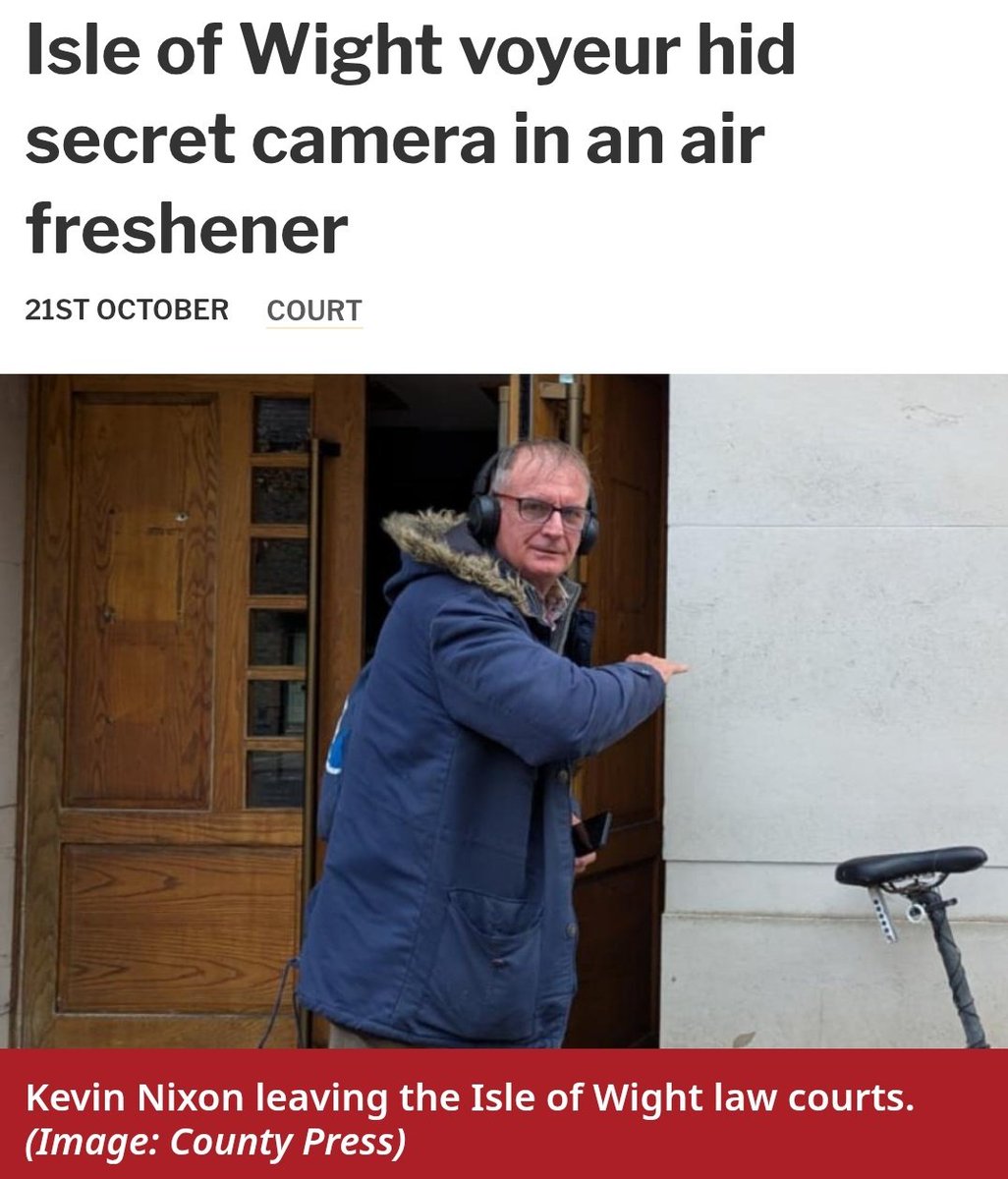 🚨ISLE OF WIGHT: Kevin Nixon, 64, who hid a camera in an air freshener to secretly film a woman, has walked free

Nixon admitted filming another woman in a ‘private act’

Nixon had 2 prev convictions for 4 offences &amp; walked free in 2017 for stalking &amp; harassment

25 'rehab' days