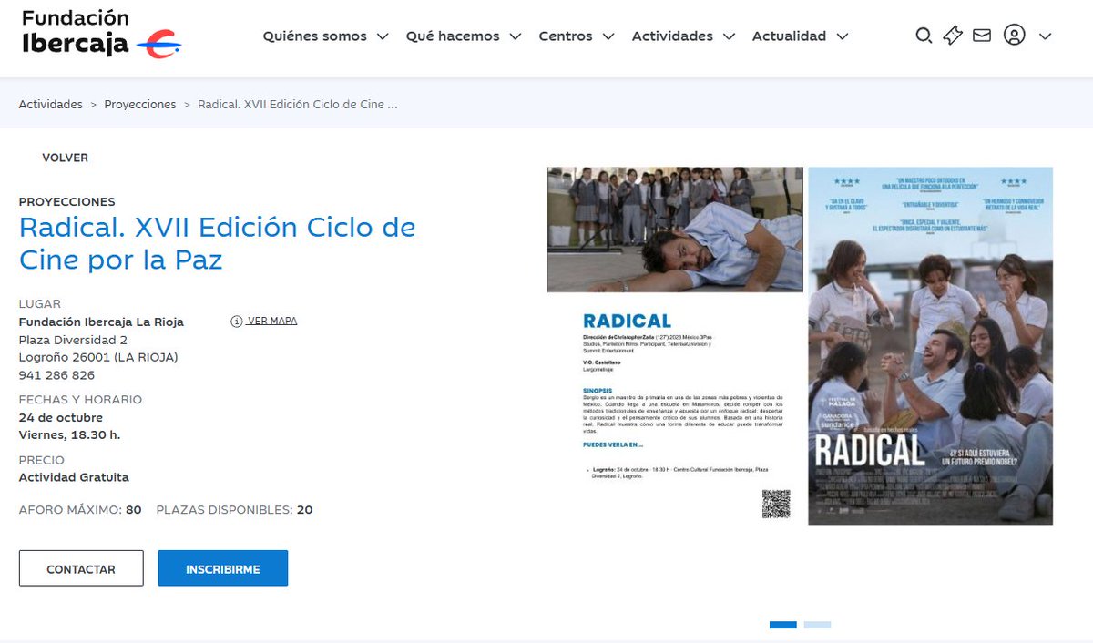 🎥 Aún quedan entradas gratuitas para la proyección del largometraje mexicano 𝗥𝗮𝗱𝗶𝗰𝗮𝗹 dentro de nuestra 17º Edición de Cine por la Paz. 

🎫 Consigue la tuya en fundacionibercaja.es/actividades/pr…

📆 Viernes 24 octubre, 18:30 h 
📍 Fundación Ibercaja La Rioja 

#ciclodecineporlapaz