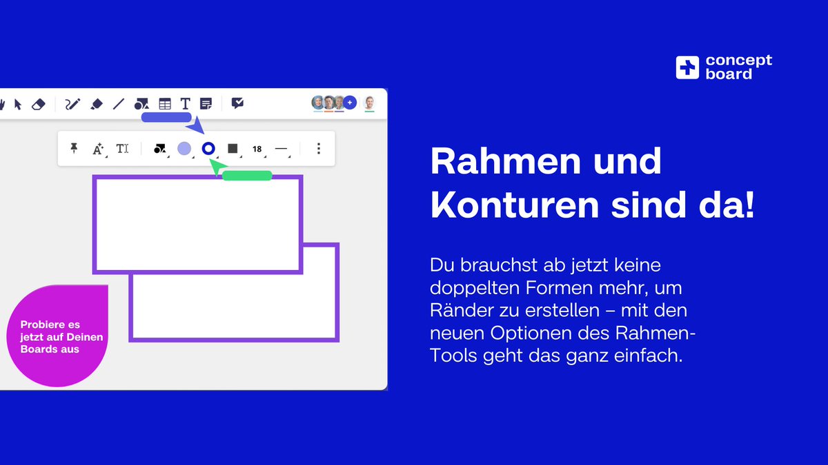 ConceptboardApp's tweet image. ⬛ Mehr Struktur. Mehr Fokus. Mehr Stil.

Ab jetzt kannst Du Objekten auf Deinem Board Rahmen hinzufügen – für klare Abgrenzungen, Ordnung und Ausdruck.

Probier’s aus und gestalte Deine Boards noch übersichtlicher!