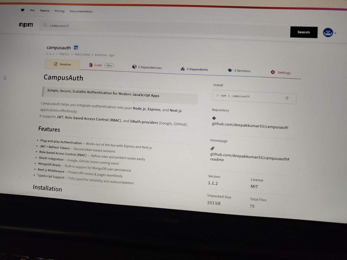 tcc_deepak's tweet image. Just published CampusAuth v1.1.2 on NPM — a simple, secure, and scalable authentication library for Node.js, Express, and Next.js.
Built it to simplify what most auth libraries overcomplicate.
#TheCampusCoders #Nodejs #Nextjs #JavaScript #OpenSource #CampusAuth