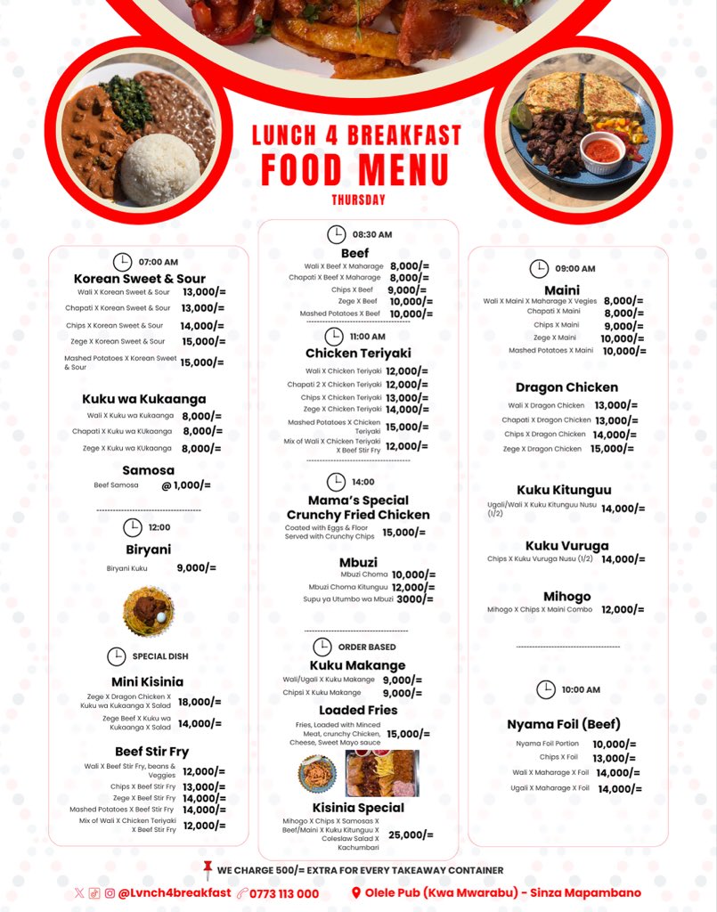 Thursday Menuuu.
And We have Biryani for Lunch Today, Mbuzi too😋.
📞: 0773113000