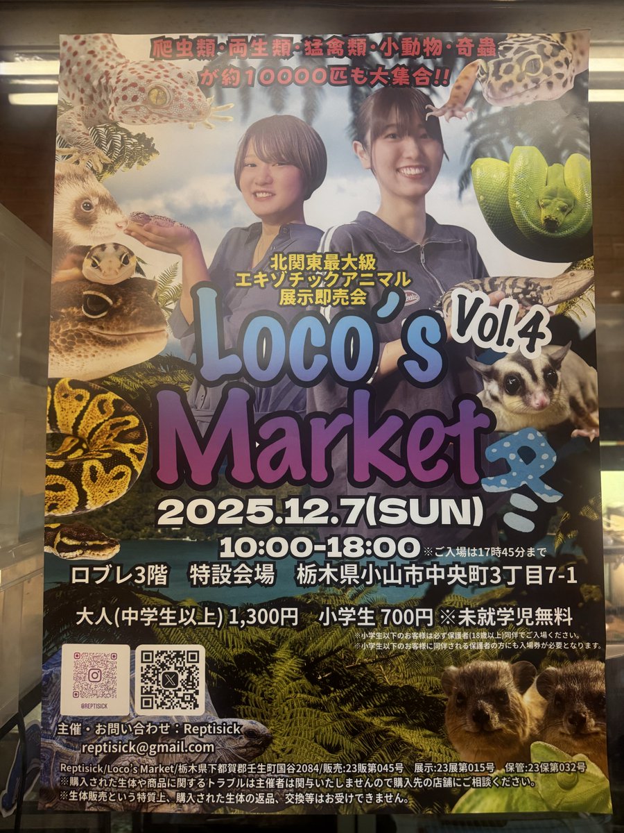 12月7日(日曜日)
栃木県小山市で開催される
ロコズマーケットVol.4

WING21店内にてフライヤー置いて有ります。

※WING21は参加してないです🙇

ここ何年かイベント出店はしていないですが、宣伝しますのでイベント開催される方は遠慮なく言って下さい。

爬虫類が更に盛り上がります様に🙇