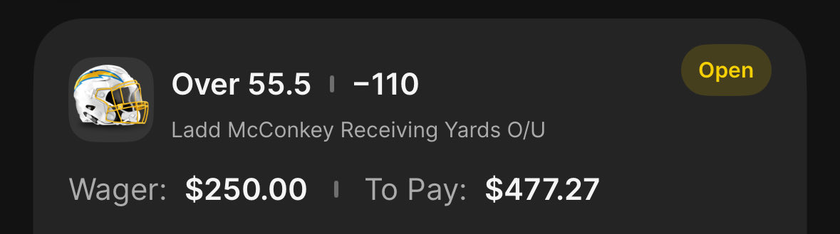 ZKbets's tweet photo. 🚨KIRK’S 10/23 POTD🚨

- We have hit 5 out of the last 5, let’s make it 6 and 7 today✅ (also posting another potd for NBA coming at some point)

Ladd McConkey o55.5 receiving yards -110 (2.5u)

POTD: 9-8 

#potd #hotstreak #nfl #tnf https://t.co/dPfTyqKfzJ