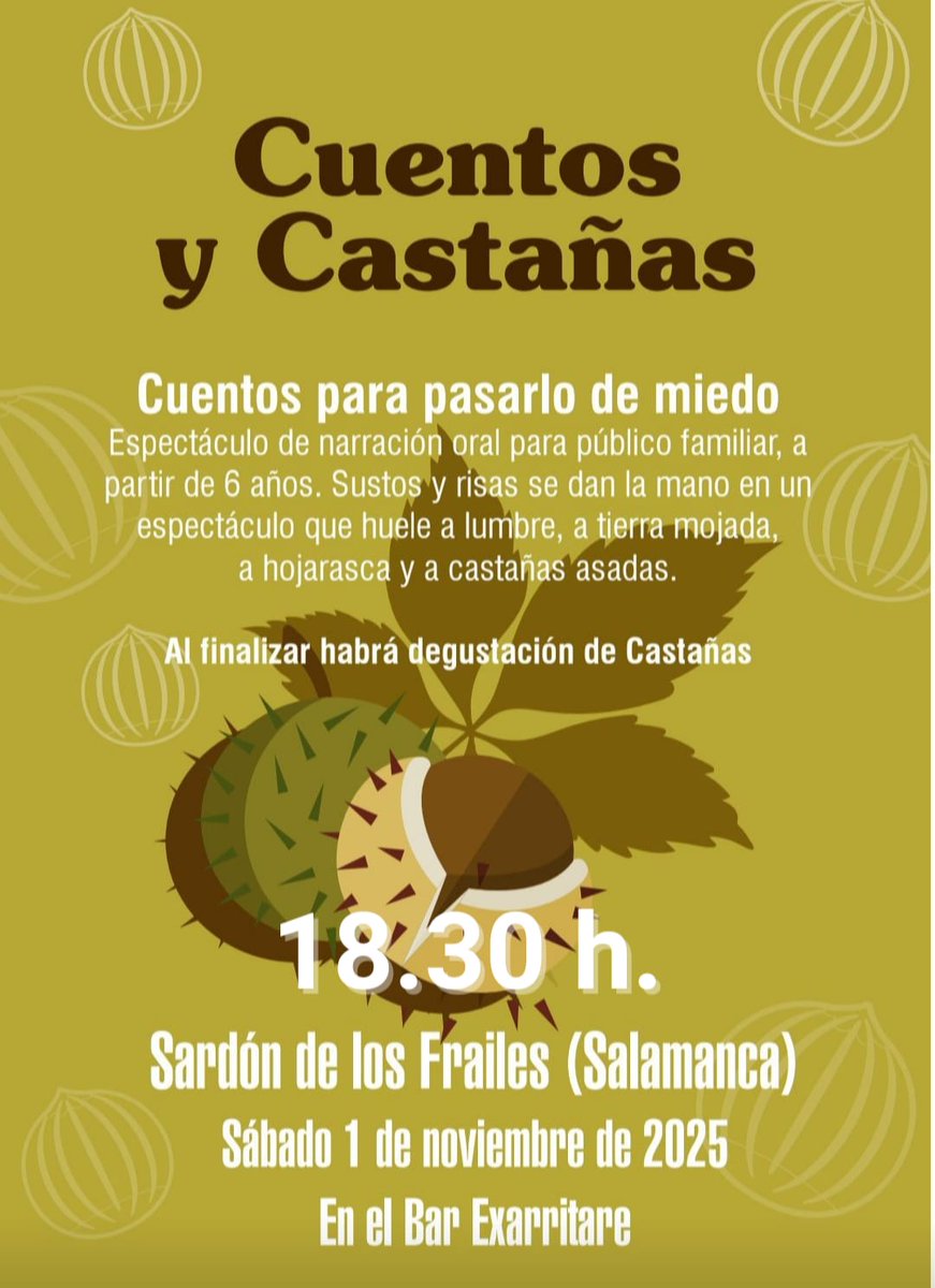 🎃 Viernes, 31 de octubre.
Fiesta de disfraces con karaoke a a las 22:00 h.
🎁 Premio al mejor disfraz valorado en 60 €.

🌰 Sábado, 1 de noviembre.
Espectáculo de narración oral a las 18:30 h.
🔥 Al finalizar, degustación de castañas asadas.

📍 Exarritare.