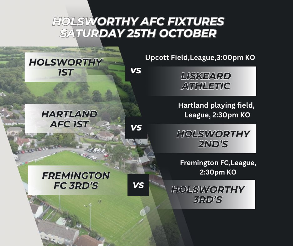 Weather depending here’s this weekends fixtures. 
A visit from <a href="/LiskeardAthlet1/">Liskeard Athletic</a> for the first team, The reserves head off to Hartland and the thirds to <a href="/_FremingtonFC_/">Fremington FC</a> to play their 3rd’s. Holsworthy Magpie RBL Club and Cosy Bites  will be open 🍻🍔
🖤🤍🖤🤍🖤🤍