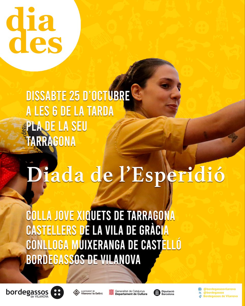 bordegassos's tweet photo. 🟡 Dissabte tanquem temporada d’actuacions a la diada de l’Esperidió a Tarragona!
📅 25 d’octubre a les 18:00 h
📍 Pla de la Seu, Tarragona.
👥 @JoveDeTarragona @cvg_cat @conlloga_
#sombordegassos #devilanova #castells https://t.co/0M86bUHqvM