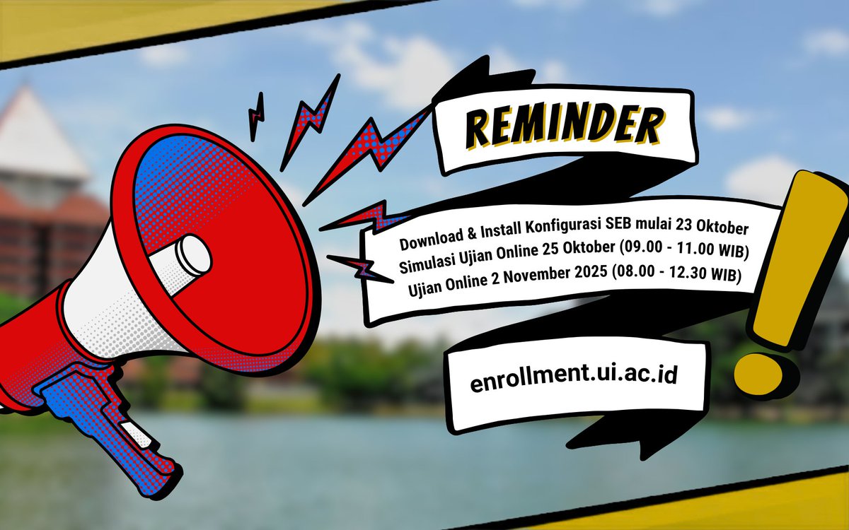 SIMAK_UI's tweet image. REMINDER Ujian SIMAK UI!👩‍💻

✅ Mulai 23 Oktober: Download &amp;amp; Install Konfigurasi SEB.
✅ 25 Oktober (09.00 - 11 WIB): Ikuti Simulasi Ujian.
✅ 2 Nov 2025 (08.00- 12.30 WIB): Ujian online.

Pastikan internet stabil &amp;amp; perangkat berfungsi baik.
Selengkapnya di enrollment.ui.ac.id