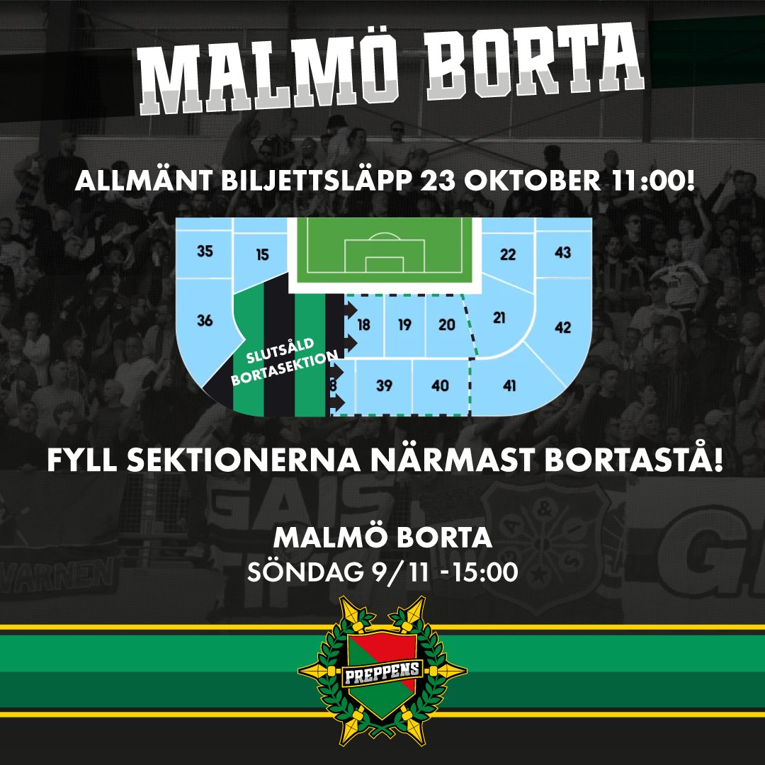 Kl. 11 idag släpps kvarvarande biljetter till Malmö borta till allmänheten, och vi uppmanar alla som blev utan biljett till bortasektionen att fylla sektionerna närmast bortastå i första hand!
Alla till Malmö!
#gaisisgoingout