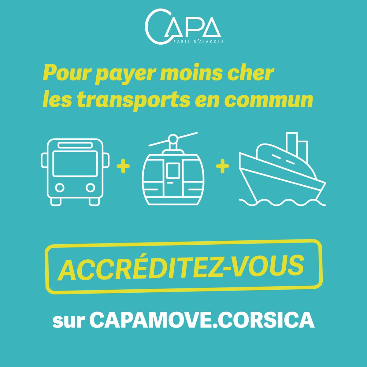 Habitants, salariés, scolaires du Pays Ajaccien : payez moins cher vos trajets 🚍🚠🚤

➡️ Accréditation gratuite sur capamove.corsica et profitez de tarifs réduits ( tarif résident) sur tous les transports en commun 💡

#CAPA #CAPAMove #Ajaccio #PaysAjaccien #Transports