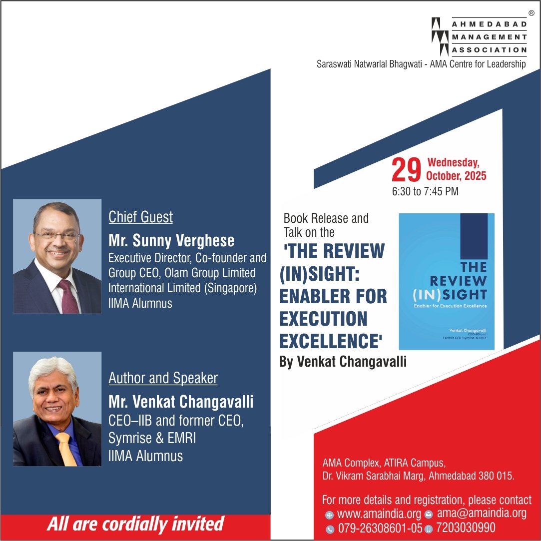 ama_ahmedabad's tweet image. Register Now: amaindia.org/ama-events-pro…

Join us for the launch and discussion of 'The Review (In)sight: Enabler for Execution Excellence' by Mr. Venkat Changavalli. Learn key strategies for flawless execution and organizational success.

Featuring:

Chief Guest: Mr. Sunny…