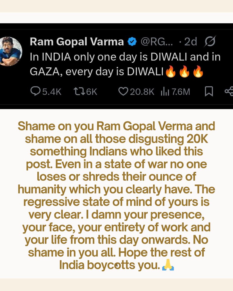 shujibhuji's tweet image. Having said after this note a happy diwali to all the Indians there but I hope and wish n pray that your diwali gets rid of such satans in your society and too too in your film industry frsternity
As for me I have boycotted RGV. Sick and pathetic