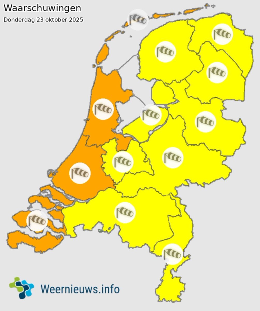 Vanaf vanmiddag is er in de westelijke kustprovincies kans op zeer zware windstoten. Hiervoor is code oranje uitgegeven. Daar zijn zeer zware windstoten van 100-120 km/u mogelijk. Elders worden zware windstoten van 80-100 km/u verwacht.

Meer details op:
weernieuws.info/22/10/2025/ons…