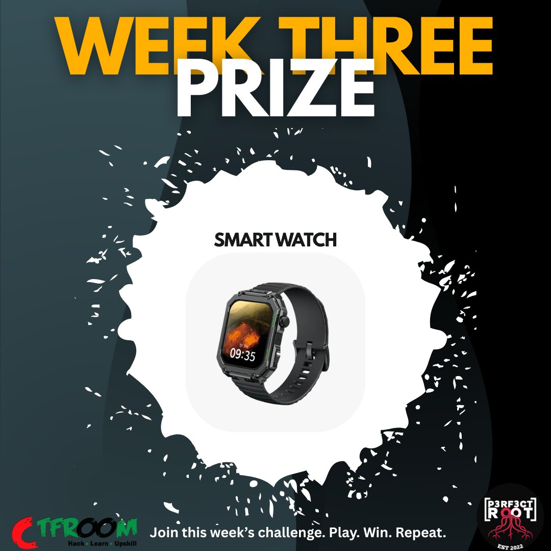 CTFRoom (@ctf_room) on Twitter photo This week’s challenge comes with a reward! We’re giving away a smartwatch. Join our Capture the Flag (CTF) challenge this week, put your skills to the test, and stand a chance to win. Play. Learn. Win. Repeat. #CTF #CyberSecurityCommunity #Upskilling #hackfridays This week’s challenge comes with a reward! We’re giving away a smartwatch. Join our Capture the Flag (CTF) challenge this week, put your skills to the test, and stand a chance to win. Play. Learn. Win. Repeat. #CTF #CyberSecurityCommunity #Upskilling #hackfridays