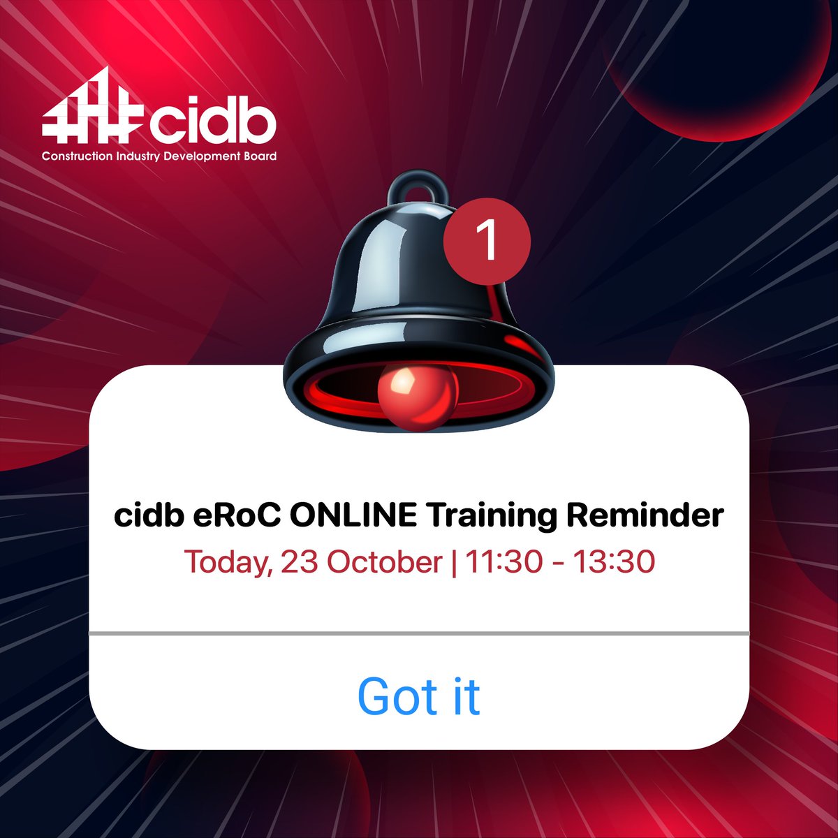 cidb_sa's tweet image. 𝗛𝗮𝗽𝗽𝗲𝗻𝗶𝗻𝗴 𝘁𝗼𝗱𝗮𝘆: 𝗲𝗥𝗼𝗖 𝘁𝗿𝗮𝗶𝗻𝗶𝗻𝗴 𝗳𝗿𝗼𝗺 𝟭𝟭:𝟯𝟬𝗮𝗺 – 𝟬𝟭:𝟯𝟬𝗽𝗺 ⏰Contractors, don’t miss out! Our 𝗲𝗥𝗼𝗖 (𝗲𝗹𝗲𝗰𝘁𝗿𝗼𝗻𝗶𝗰 𝗥𝗲𝗴𝗶𝘀𝘁𝗲𝗿 𝗼𝗳 𝗖𝗼𝗻𝘁𝗿𝗮𝗰𝘁𝗼𝗿𝘀) training session is taking place today!

💻 Whether you&apos;re registering…