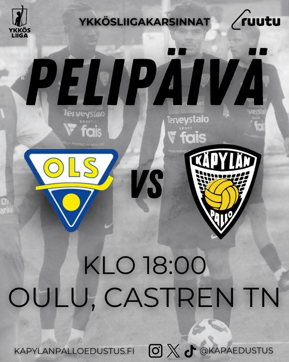 Tänään startataan karsinnat Oulusta!👏🏻
Mikäli et jostain syytä ole Castrenin kentällä seuraamassa niin @ruutu_urheilu lähettää ottelun suorana klo 17:45 alkaen📺

🏆Ykkösliiga-karsinnat
🆚OLS
🕓18:00
🏟️Castren TN
📺Ruutu+ Urheilu

#käpa #käpylänpallo #ykkösliiga