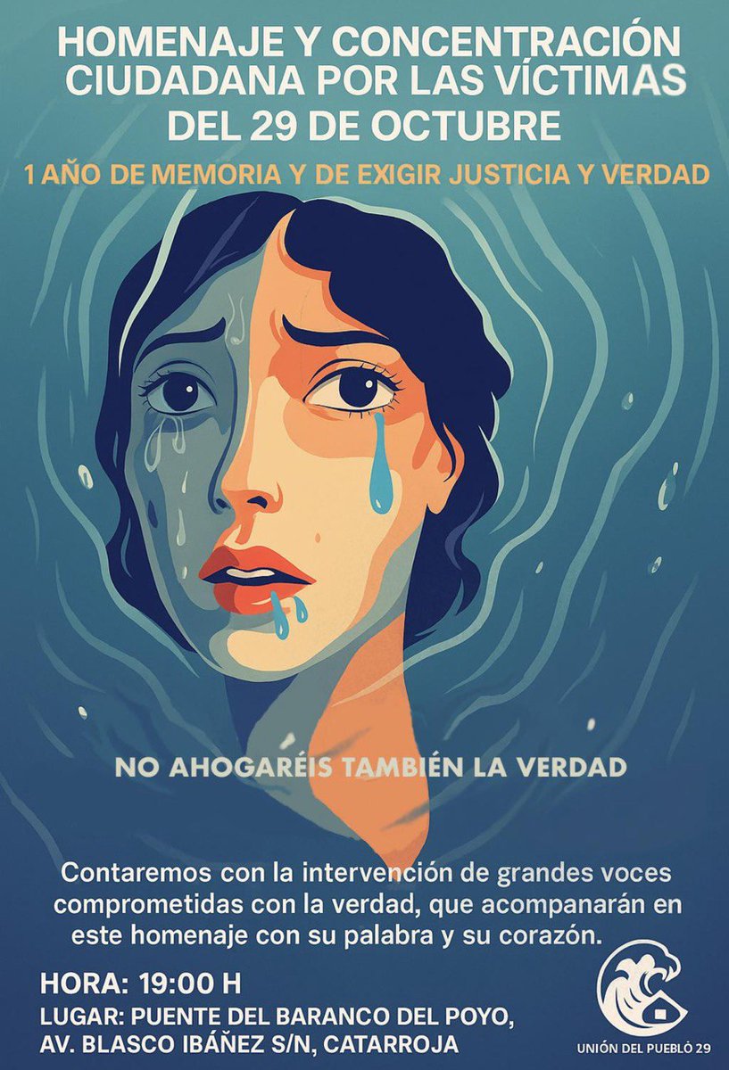 Mario MrGr 🏛️ (@mariomrgr) on Twitter photo HOMENAJE Y CONCENTRACIÓN CIUDADANA POR LAS VÍCTIMAS DEL 29 DE OCTUBRE 🕯*
1 año de memoria, justicia y verdad
El próximo miércoles 29 de octubre a las 19:00 h nos reuniremos en el Puente del Barranco del Poyo (Av. Blasco Ibáñez s/n, Catarroja), el lugar donde la tragedia no se HOMENAJE Y CONCENTRACIÓN CIUDADANA POR LAS VÍCTIMAS DEL 29 DE OCTUBRE 🕯*
1 año de memoria, justicia y verdad
El próximo miércoles 29 de octubre a las 19:00 h nos reuniremos en el Puente del Barranco del Poyo (Av. Blasco Ibáñez s/n, Catarroja), el lugar donde la tragedia no se