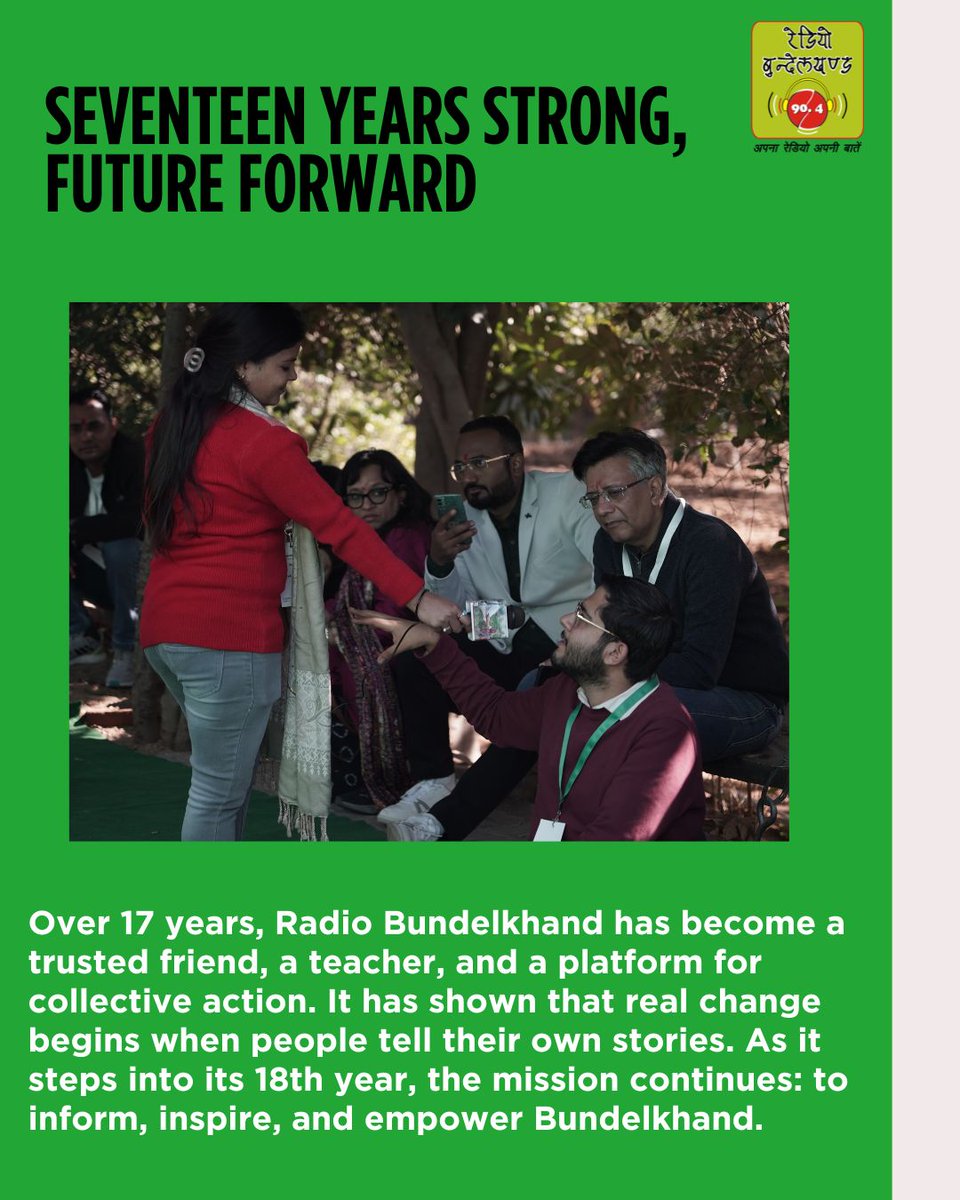 Development Alternatives (@daperspectives) on Twitter photo Seventeen years of stories, songs, and change.
From Orchha to over 150 villages, Radio Bundelkhand has kept one promise alive when people find their voice, transformation follows.
#RadioBundelkhand #CommunityVoices #PeoplePoweredChange #RuralIndiaOnAir #StoriesOfChange Seventeen years of stories, songs, and change.
From Orchha to over 150 villages, Radio Bundelkhand has kept one promise alive when people find their voice, transformation follows.
#RadioBundelkhand #CommunityVoices #PeoplePoweredChange #RuralIndiaOnAir #StoriesOfChange