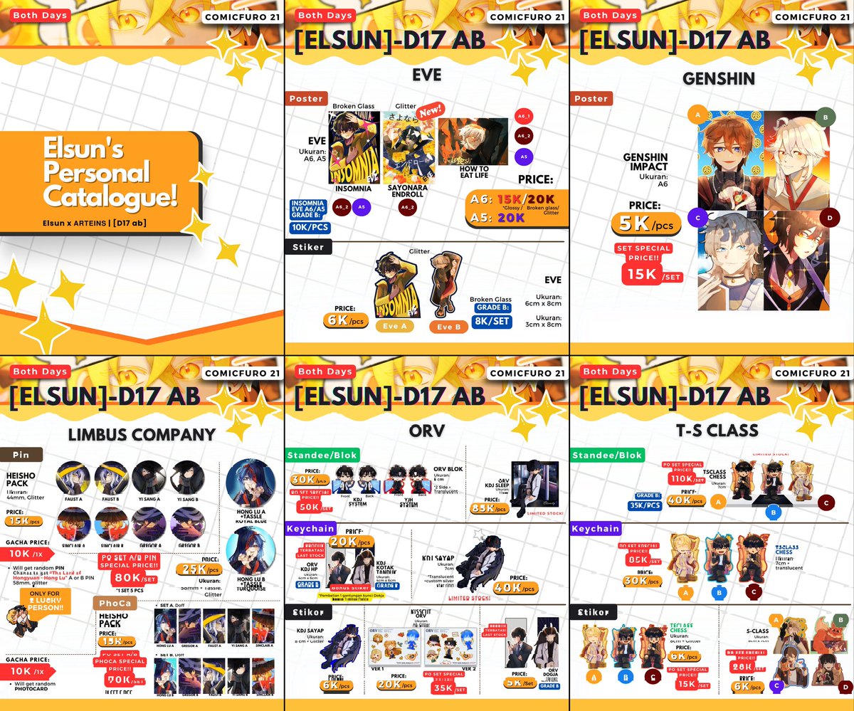 Angelinaelita1's tweet photo. Like &amp; shares are very appreciated!🙏
Halo, ELSUN [D 17-AB] open PO CFXXI batch 2 nih✨
Fandom: Genshin_The S Class_ORV_Eve_Limbus Company (new✨) 
📌 Pick Up Only - Both Days
📅 PO opens until 25 October
🔗Order here:
https://t.co/nmNYeVqY12

#cf21catalogue  #comicfuro #CFXXI https://t.co/bTpdtdQyq6
