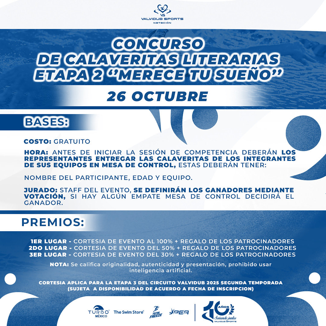 ValvidubSports's tweet photo. 🔵En la Etapa 2 Merece tu sueño ponemos a prueba tu creatividad con el concurso de Calaveritas literarias💀📝

Es tu momento de escribir una calaverita auténtica y original donde los 3 nadadores más creativos recibirán un premio especial🎁

Participa y deja que tu ingenio flote✨ https://t.co/aAZWIMH29C