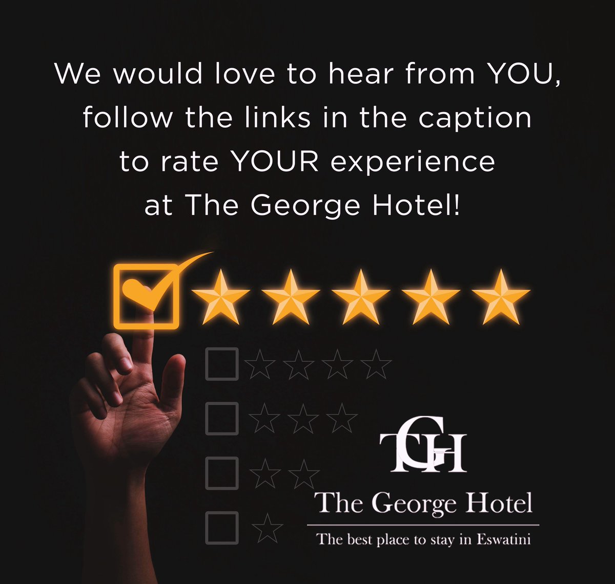 Follow the links below to #rateyourexperiences at #thegeorgehotel_manzini 

🛏️ bit.ly/3HkE4yr

🍽️ bit.ly/41zSyRL