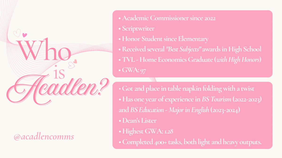 acadlencomms's tweet image. Hola, commstwt! 
I’m Len — scriptwriter and academic commissioner since 2022. My slot is available and waiting for you to secure a slot, so what are you waiting for? Inquire na! Just send me a DM here in X or visit my telegram @/acadlencomms. See you there! 😉