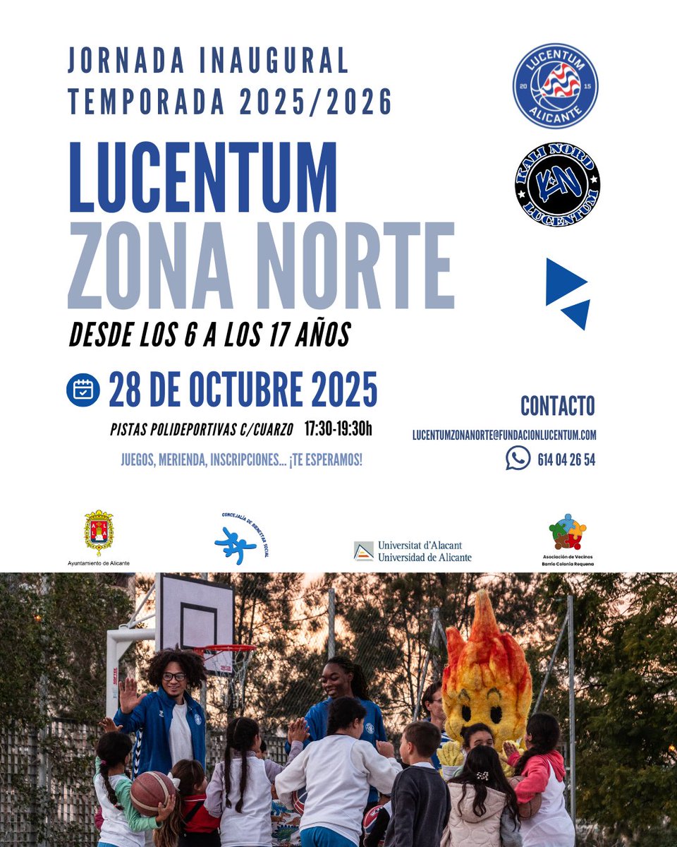 El 28 de octubre de 17:30-19:30 tendrá lugar la jornada de inauguración de "Lucentum Zona Norte"  en las pistas deportivas de la C/Cuarzo.

Habrá juegos, merienda y si hay algún/a participante que le gustaría practicar este deporte, podrá hacer la inscripción allí mismo.