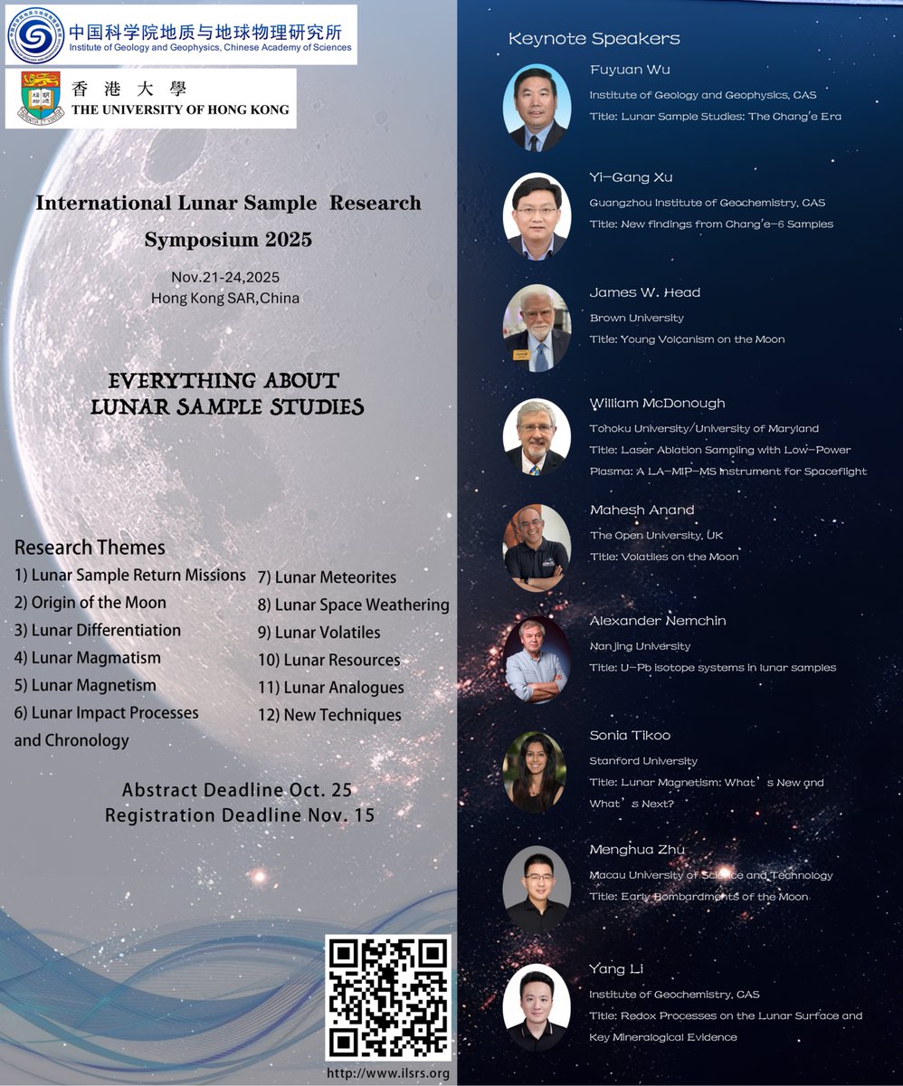 Abstract submission for International Lunar Sample Research Symposium 2025 (ilsrs.org) is due this weekend.

We will have a very international lunar sample symposium at HKU this November, to share the recent findings of Chang’e-5, 6, Apollo, Luna samples, lunar