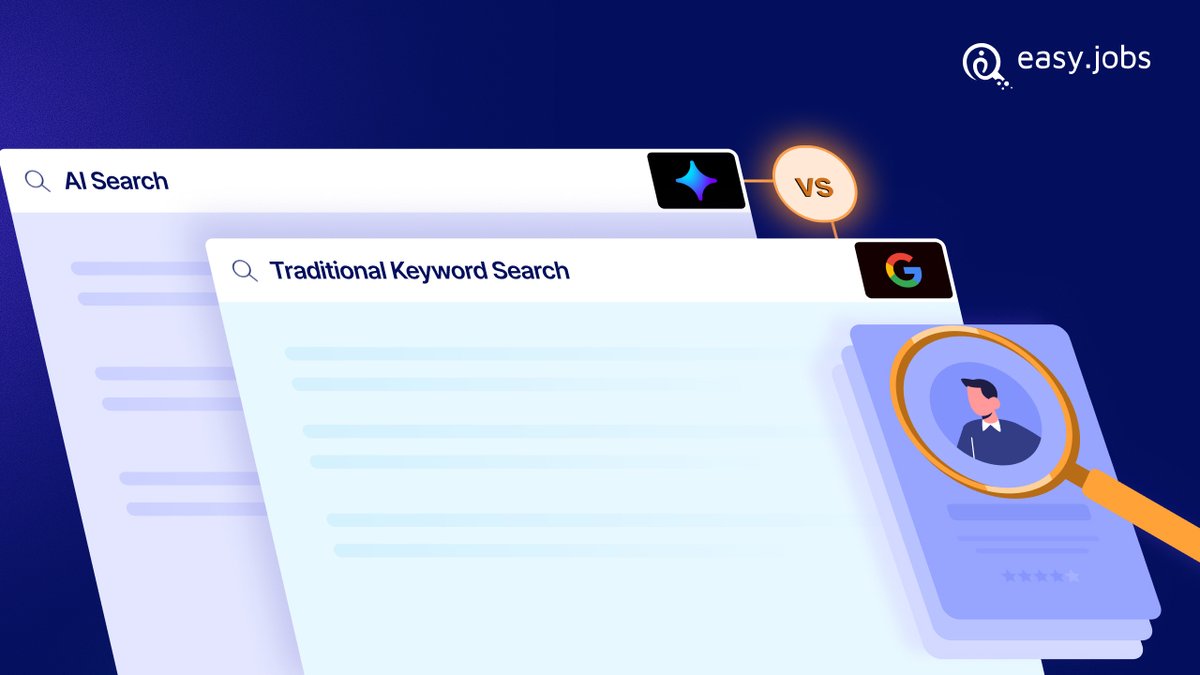 GoEasyJobs's tweet image. Recruiting is changing fast ⚡

Should you rely on Traditional Keyword Search or switch to AI-Powered Search? See how it is transforming for recruiters to find top talent.

Smarter matches, better hires. Full guide:👇

easy.jobs/blog/

#AIPoweredSearch #RecruitmentSEO
