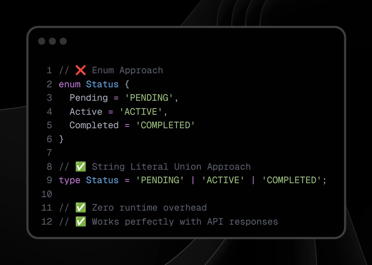 KaraBharat's tweet image. ⚡ String Literal Unions are cleaner, faster, and have zero runtime overhead!

#TypeScript #DevTips