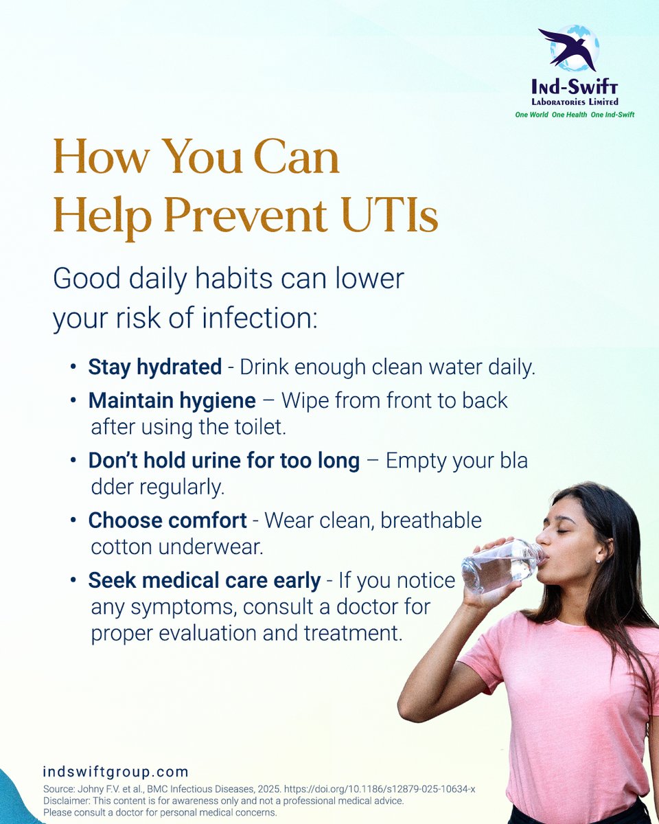 indswiftlabs's tweet image. Urinary Tract Infections (UTIs) - especially in women - but early care and simple hygiene steps can make a big difference.

🌐 Visit us: indswiftgroup.com
📌 Follow us: Facebook | LinkedIn | Twitter | Instagram

#UTIAwareness #WomensHealth #IndSwiftGroup #IndSwiftLabs
