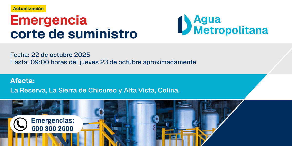 #SacyrAguaMetropolitana ACTUALIZACIÓN Se informa sobre corte de emergencia en <a href="/MuniColina/">Municipalidad Colina</a>.  Afecta a La Reserva, La Sierra de Chicureo y Alta Vista, hoy jueves 23 de octubre, hasta las 09:00 horas aproximadamente.

Para más información, por favor llamar al 600 300 2600 o escribir