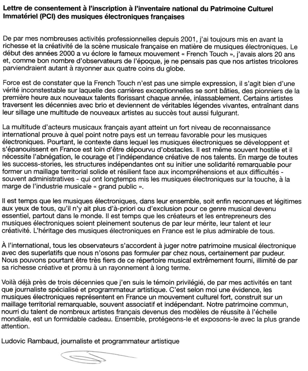 Oui, les musiques électroniques méritent leur reconnaissance au sein du Patrimoine Culturel immatériel de notre pays. Voici la lettre de consentement que j'ai rédigée et transmise à l'association <a href="/Technopol/">Technopol</a> 👇
