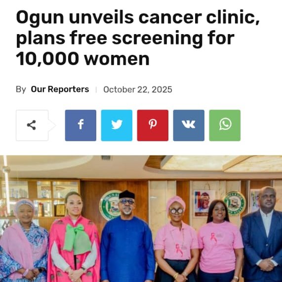 Ogun Governor Champions Cancer Care Initiative

 In a significant step toward improving healthcare access, Ogun State Governor Prince Dapo Abiodun has spearheaded the unveiling of a state-of-the-art Breast Cancer Screening Clinic under the First Ladies Against Cancer (FLAC)