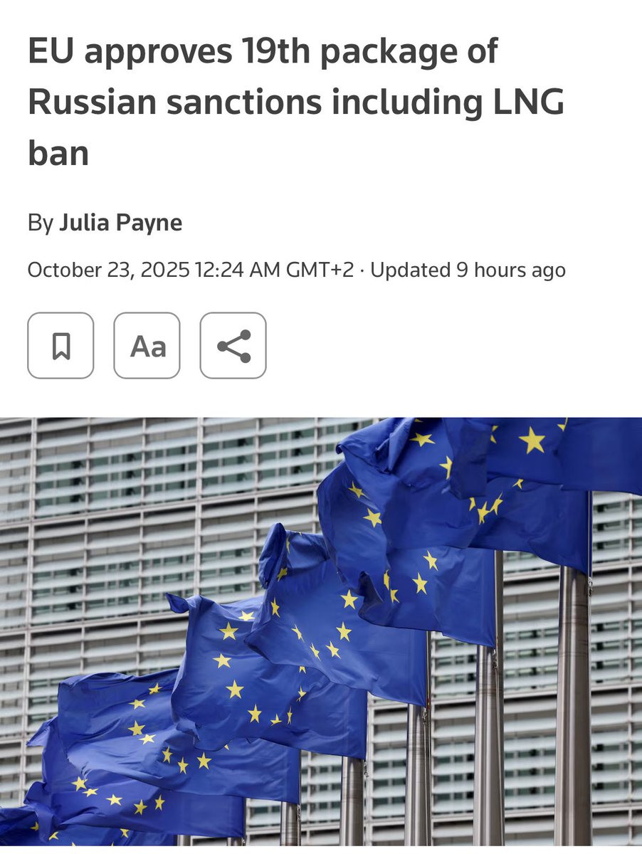 bayraktar_1love's tweet image. (Reuters) - EU countries approved a 19th package of sanctions against Russia
The LNG ban will take effect in two stages: short-term contracts will end after six months and long-term contracts from January 1, 2027.
The new package also adds new travel restrictions on Russian…
