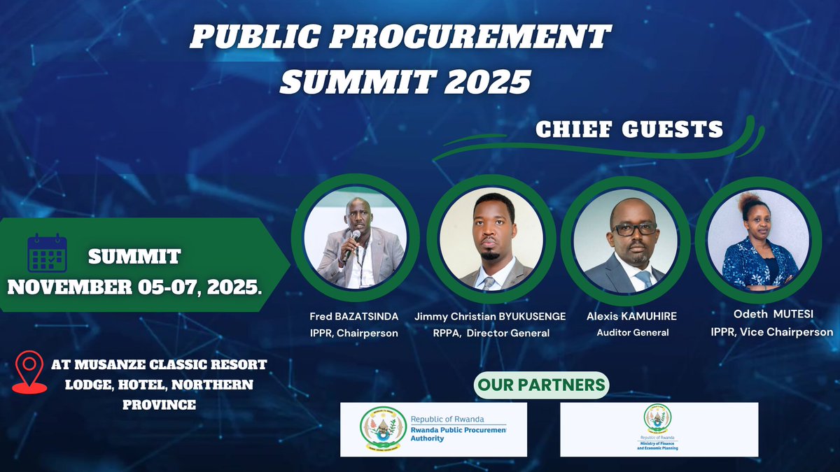 IPP_Rwanda's tweet image. Exciting news! 🎉
The #PublicProcurementSummit2025 will host the Chairperson &amp;amp; Vice Chairperson of #IPPR, DG of #RPPA, and the Auditor General as Chief Guests!
📅 Nov 5–7 | 📍 Classic Resort Lodge, Musanze
Register now 👉 appr.rw/event-registra…