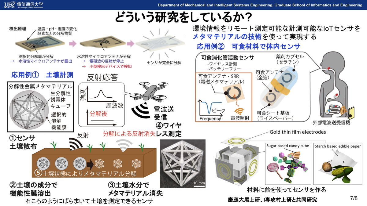 卒研配属の時期ですが、菅研を見学希望の方は、本日18:00の懇親会@ハルモニアか、10月24日以降は毎週木・金14：00以降にラボ案内します。菅研@東4-305へどうぞ。居室、実験室、クリーンルームなどご案内します。以下、最近の研究例です。慶応大尾上研と飴など食物で出来た生分解電磁センサを研究中。
