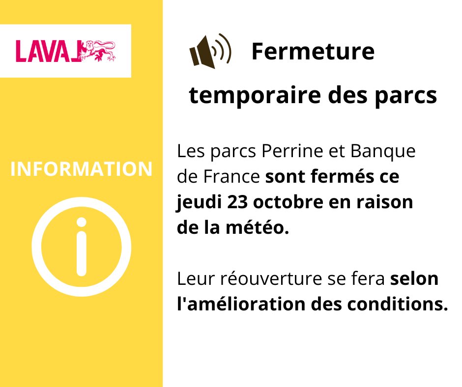 [INFO] 📷 𝗟𝗲𝘀 𝗽𝗮𝗿𝗰𝘀 𝗣𝗲𝗿𝗿𝗶𝗻𝗲 𝗲𝘁 𝗕𝗮𝗻𝗾𝘂𝗲 𝗱𝗲 𝗙𝗿𝗮𝗻𝗰𝗲 𝘀𝗼𝗻𝘁 𝗳𝗲𝗿𝗺𝗲́𝘀 𝗰𝗲 𝗷𝗲𝘂𝗱𝗶 𝗲𝗻 𝗿𝗮𝗶𝘀𝗼𝗻 𝗱𝗲 𝗹𝗮 𝗺𝗲́𝘁𝗲́𝗼. Leur réouverture se fera selon l'amélioration des conditions.