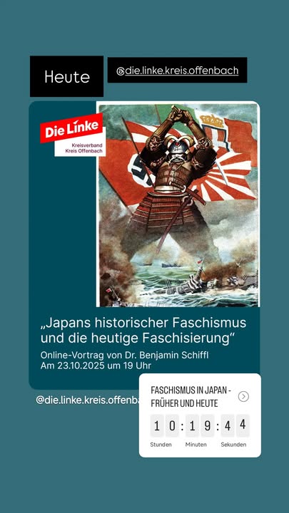 Erinnerung: Heute Abend um 19 Uhr gibt es bei uns diesen interessanten Vortrag über Japan und den Faschismus. Seid dabei: videokonferenz.die-linke.de/b/ben-t1n-ipi-…  Zugangscode: 696569

#politischeBildung #Japan #sozialismus #taxtherich #antifascism