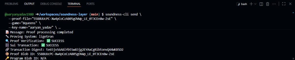 aaryanyadav1980's tweet photo. Proof #19 cooked, packed, and zked on Soundness CLI π§©β‘
Team Wava still riding the zero-knowledge wave π
No cap, these proofs got more flow than data streams π
@soundness_labs @TheHubKeeper
#ZK #Soundness #TeamWava https://t.co/NBJqkI3tOW