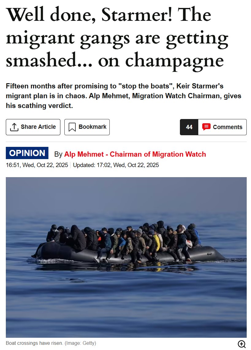 Migration Watch (@migrationwatch) on Twitter photo When Sir Keir Starmer swept into Downing Street in July last year, he told us he would smash the gangs. 15 months later, that promise lies in tatters. 60,000 small boat migrants have crossed since the General Election – and just 42 have been returned to France.
Link below 👇 When Sir Keir Starmer swept into Downing Street in July last year, he told us he would smash the gangs. 15 months later, that promise lies in tatters. 60,000 small boat migrants have crossed since the General Election – and just 42 have been returned to France.
Link below 👇